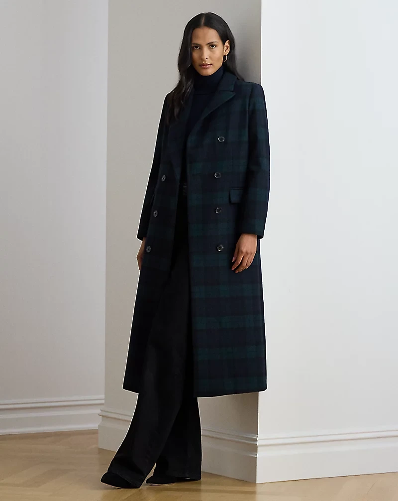 Double-Breasted Black Watch Plaid Coat