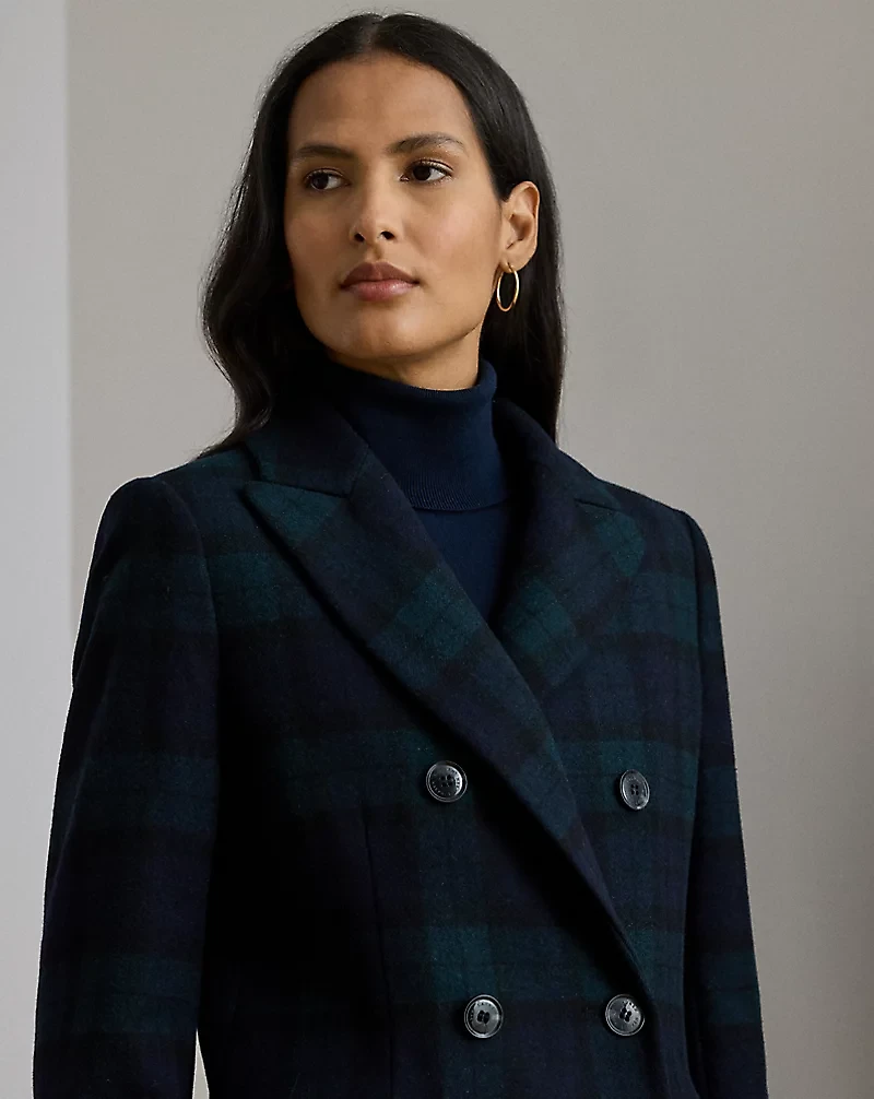 Double-Breasted Black Watch Plaid Coat