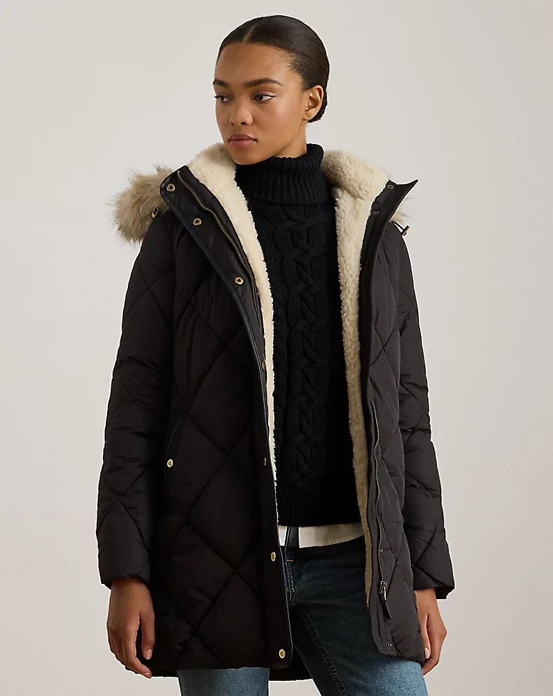 Faux-Fur-Trim Hooded Quilted Coat