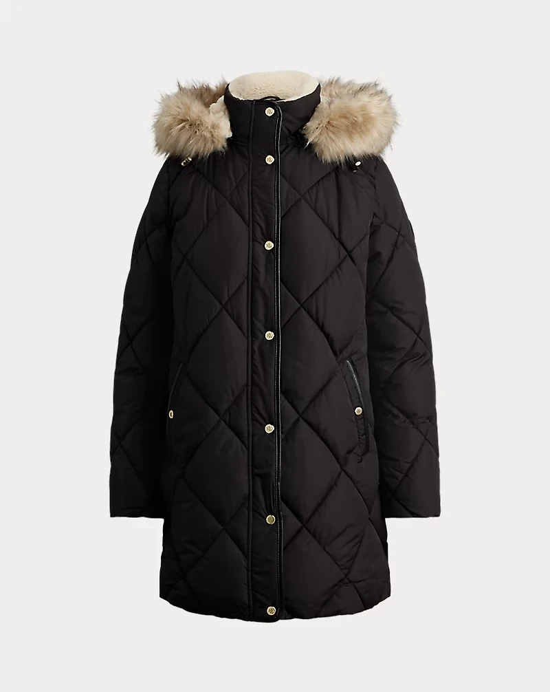 Faux-Fur-Trim Hooded Quilted Coat