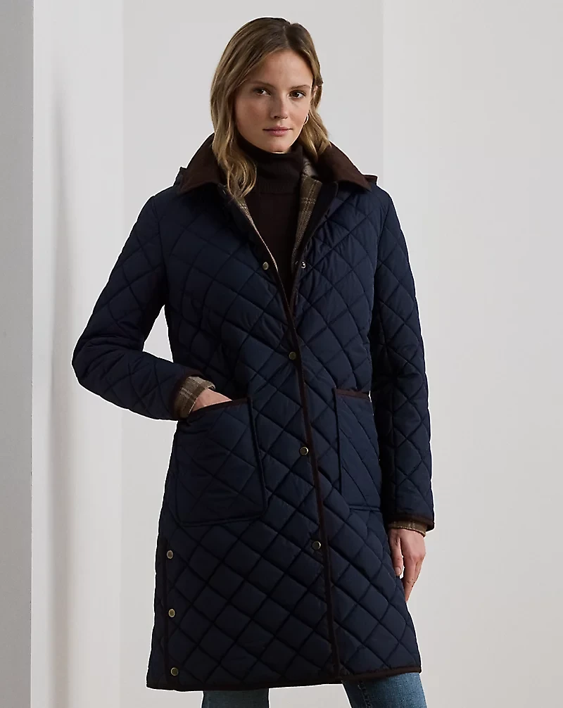 Corduroy-Trim Diamond-Quilted Coat