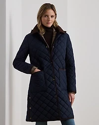 Corduroy-Trim Diamond-Quilted Coat