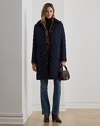 Corduroy-Trim Diamond-Quilted Coat