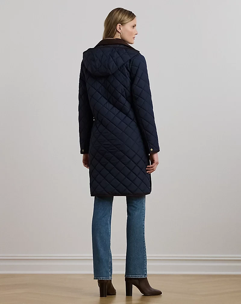 Corduroy-Trim Diamond-Quilted Coat