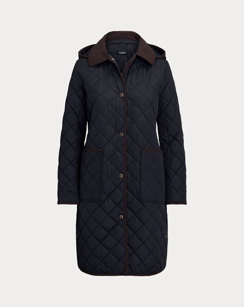 Corduroy-Trim Diamond-Quilted Coat