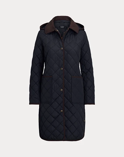 Corduroy-Trim Diamond-Quilted Coat