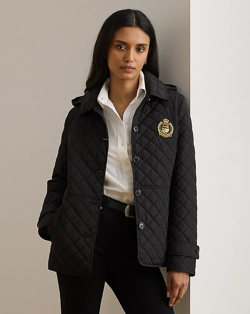 Crest-Patch Quilted Hooded Jacket