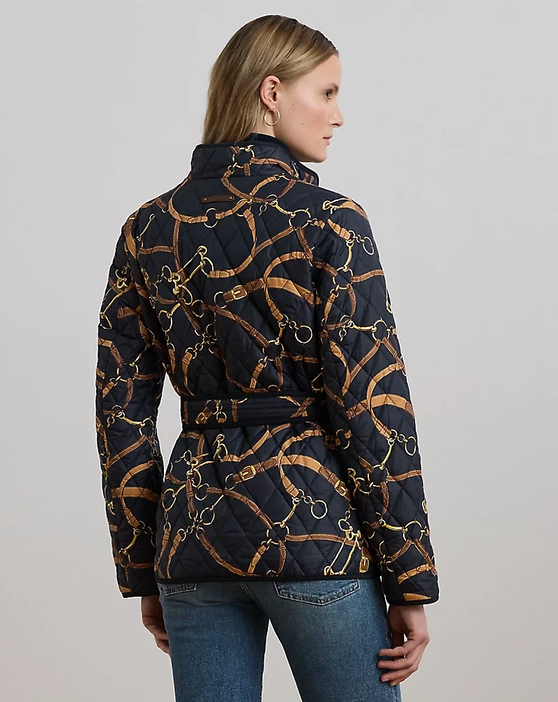 Belting-Print Quilted Mockneck Jacket