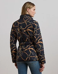 Belting-Print Quilted Mockneck Jacket