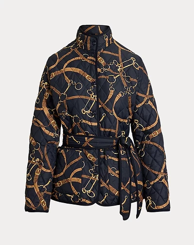 Belting-Print Quilted Mockneck Jacket