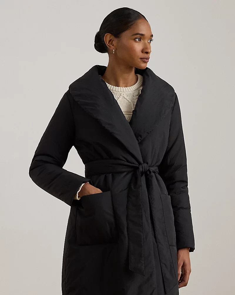 Belted Oversize-Collar Puffer Wrap Coat