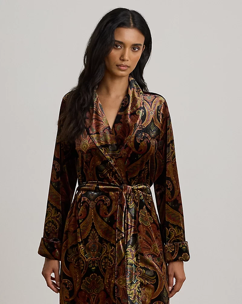 Paisley Velvet Long Shawl-Collar Robe