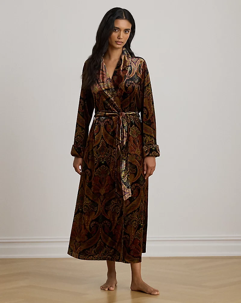 Paisley Velvet Long Shawl-Collar Robe