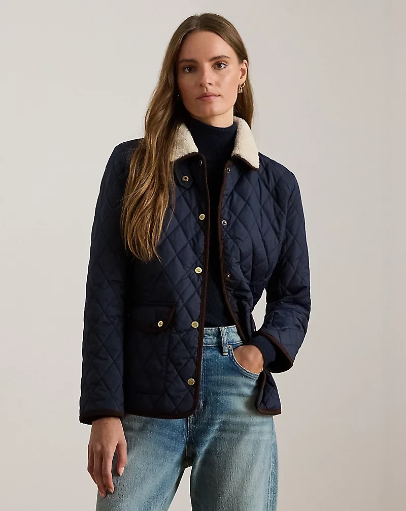Faux-Shearling-Trim Quilted Jacket