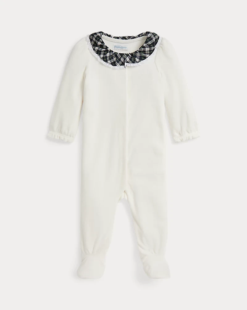 Plaid-Collar Velour Coverall