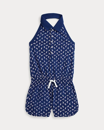Dolphin-Print Mesh Polo Romper