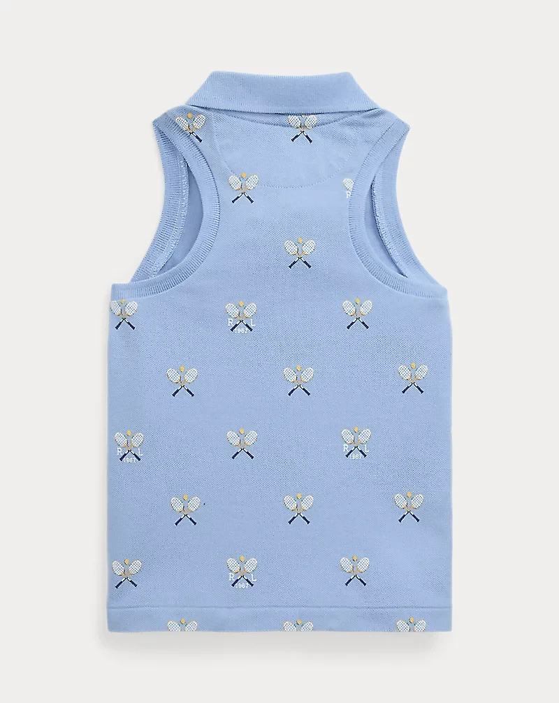 Tennis-Print Mesh Sleeveless Polo Shirt