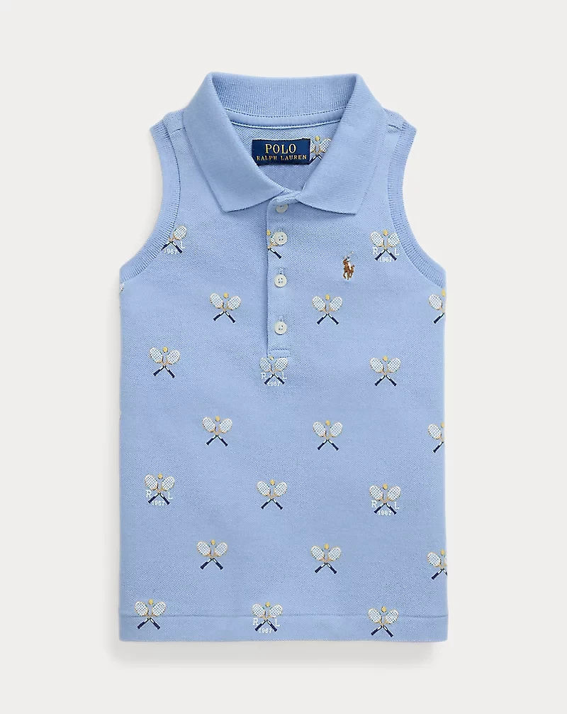 Tennis-Print Mesh Sleeveless Polo Shirt