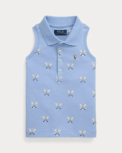 Tennis-Print Mesh Sleeveless Polo Shirt