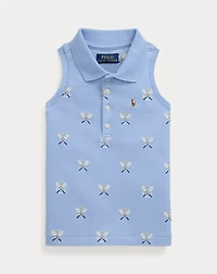 Tennis-Print Mesh Sleeveless Polo Shirt