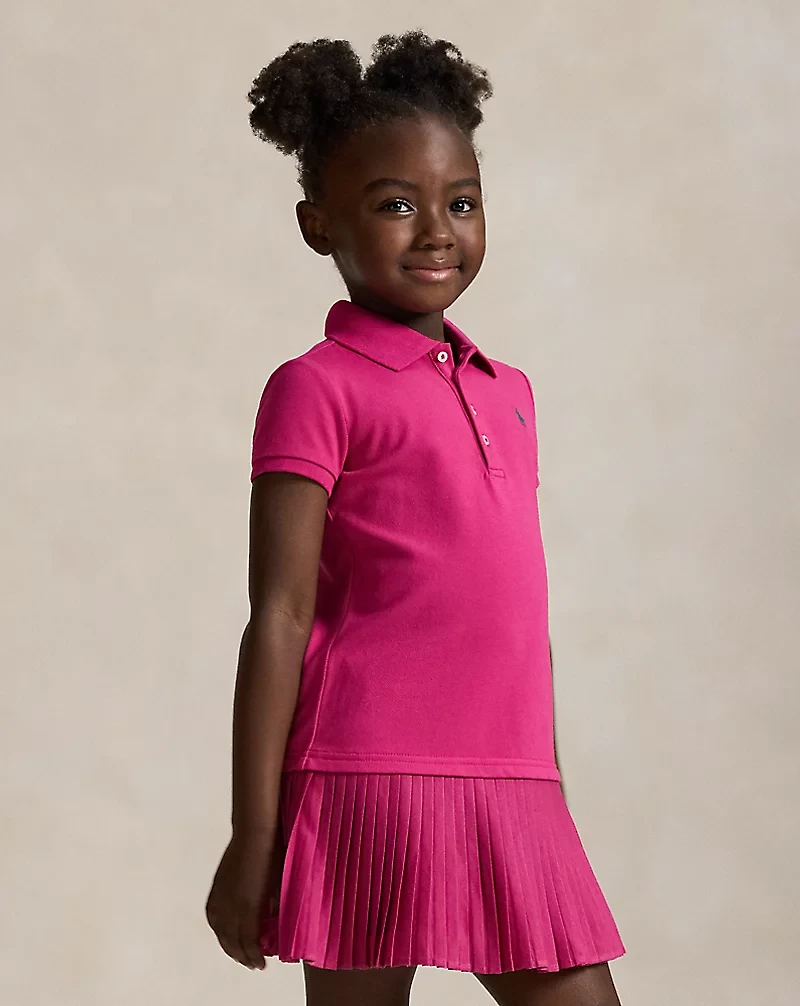 Pleated Stretch Mesh Polo Dress