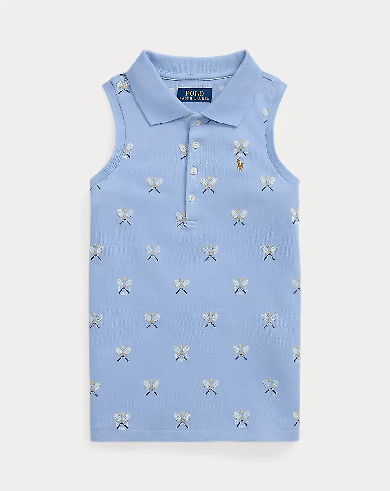 Tennis-Print Mesh Sleeveless Polo Shirt