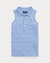 Tennis-Print Mesh Sleeveless Polo Shirt