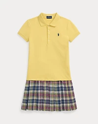 Plaid-Skirt Stretch Mesh Polo Dress