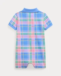 Plaid-Print Cotton Mesh Polo Shortall