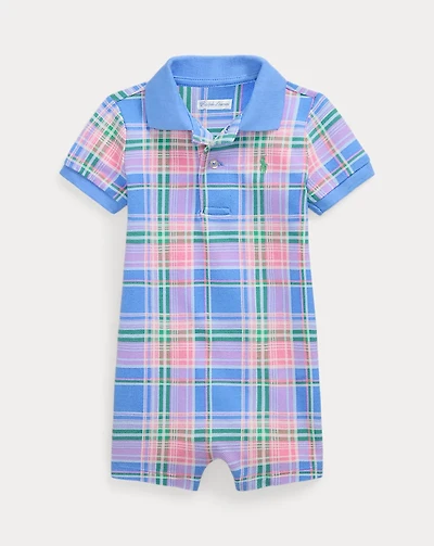 Plaid-Print Cotton Mesh Polo Shortall