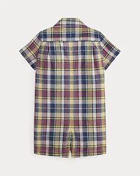 Plaid Cotton Camp-Collar Shortall