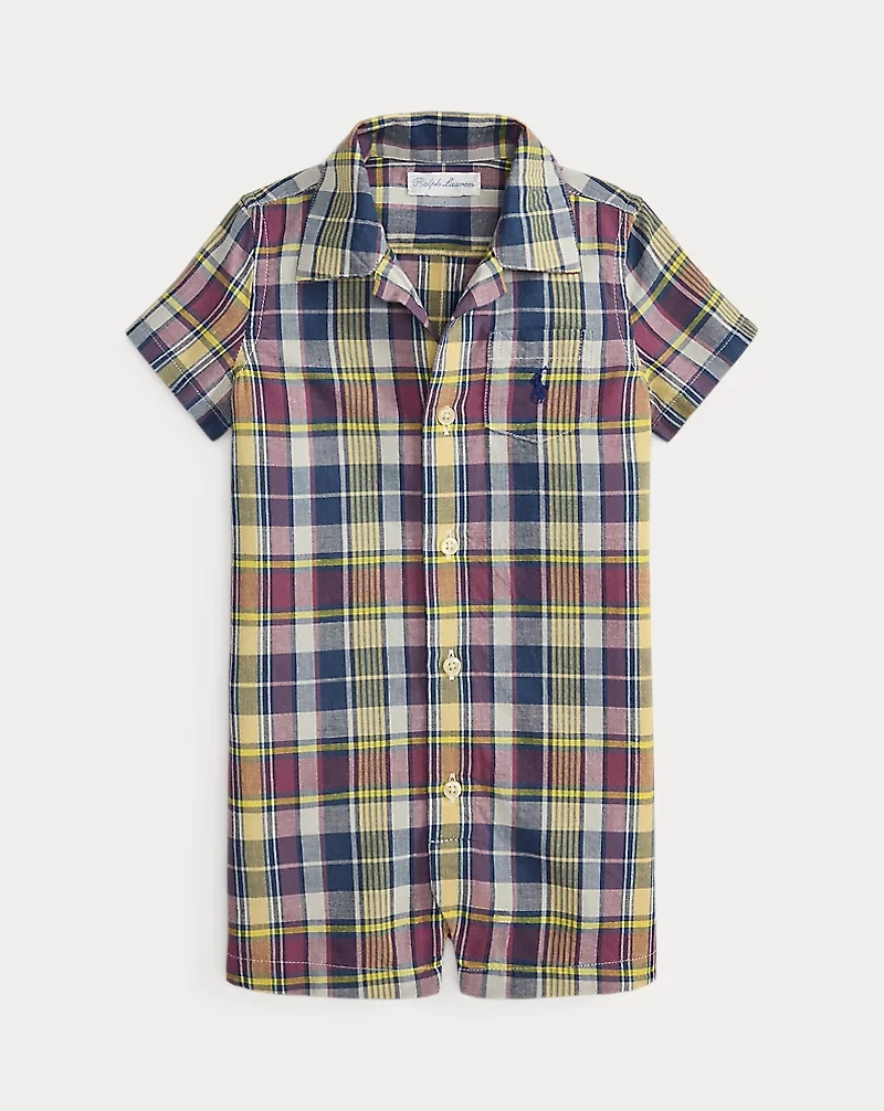 Plaid Cotton Camp-Collar Shortall