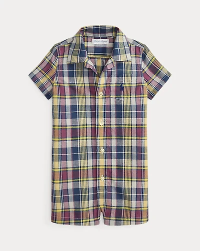 Plaid Cotton Camp-Collar Shortall