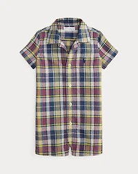 Plaid Cotton Camp-Collar Shortall