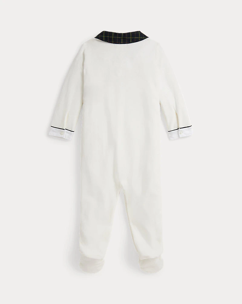 Plaid-Trim Velour Footed Coverall