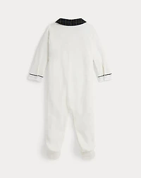 Plaid-Trim Velour Footed Coverall