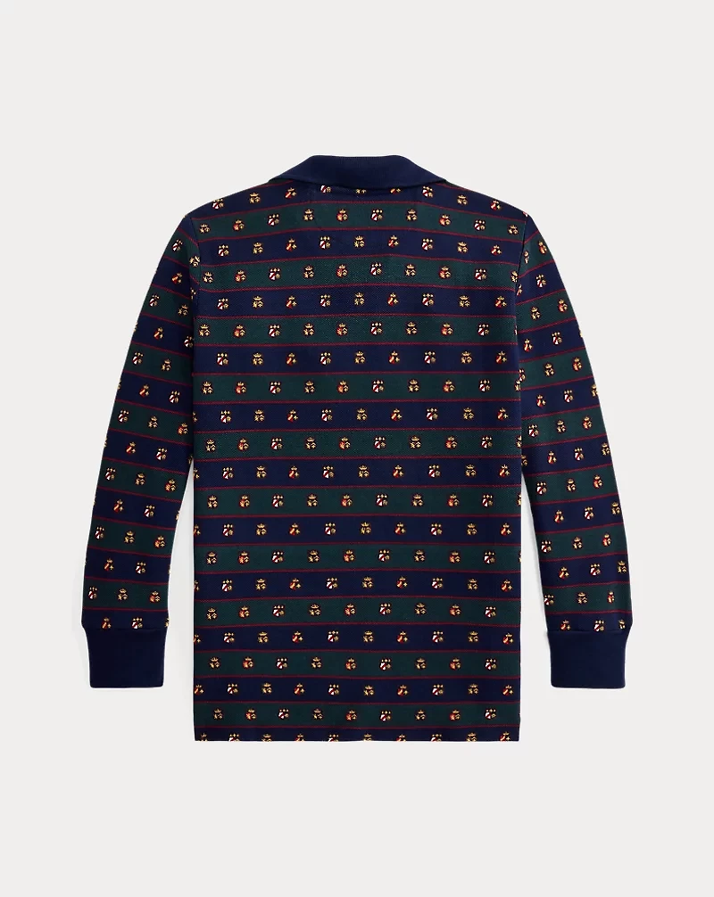 Crest-Print Mesh Long-Sleeve Polo Shirt