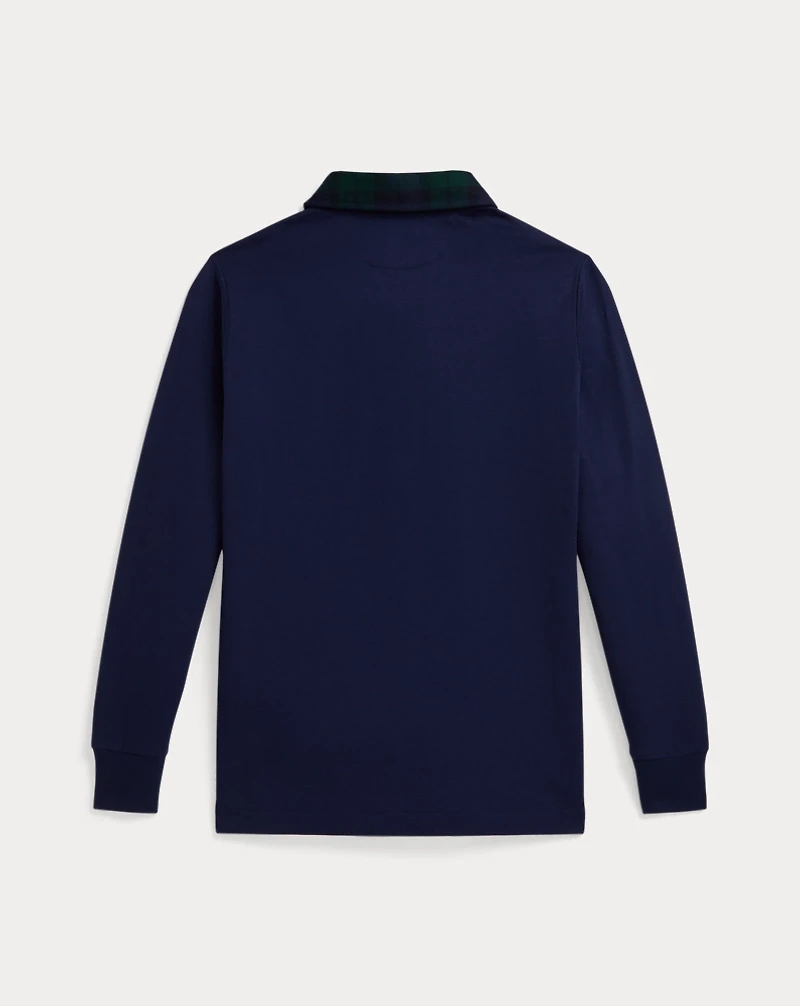 Plaid-Collar Cotton Jersey Rugby Shirt