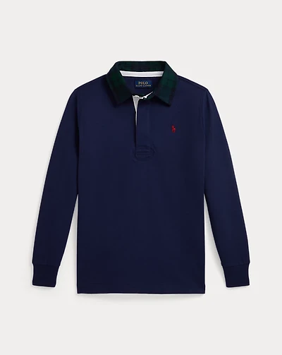 Plaid-Collar Cotton Jersey Rugby Shirt