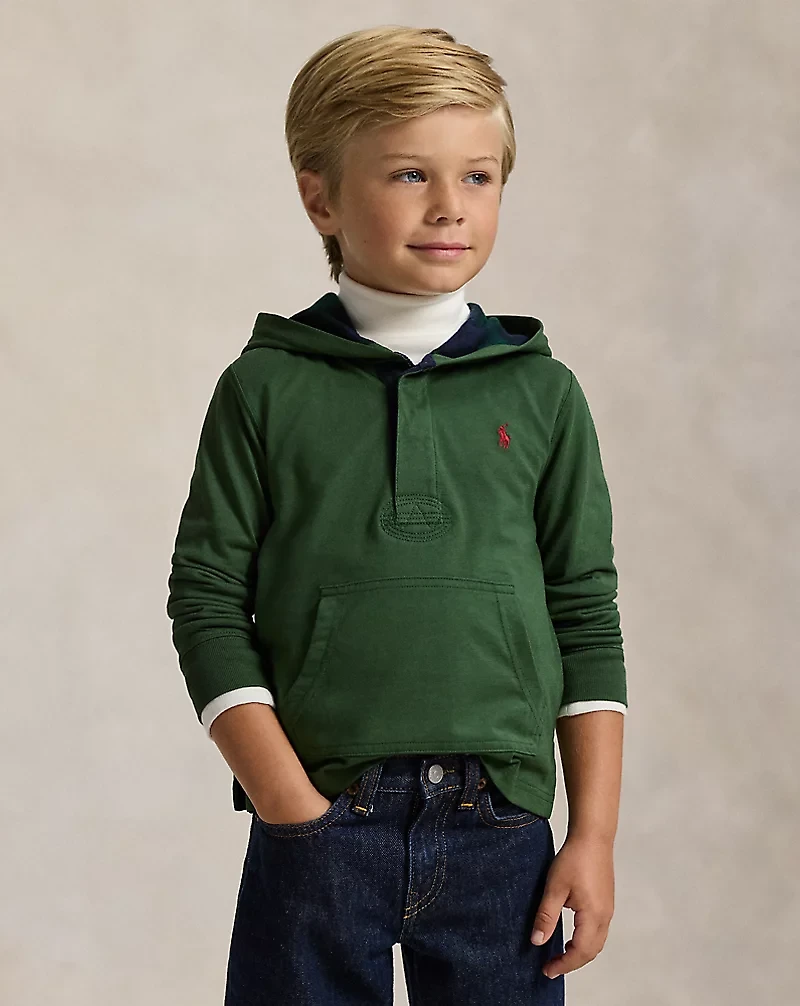 Plaid-Trim Hooded Rugby Shirt
