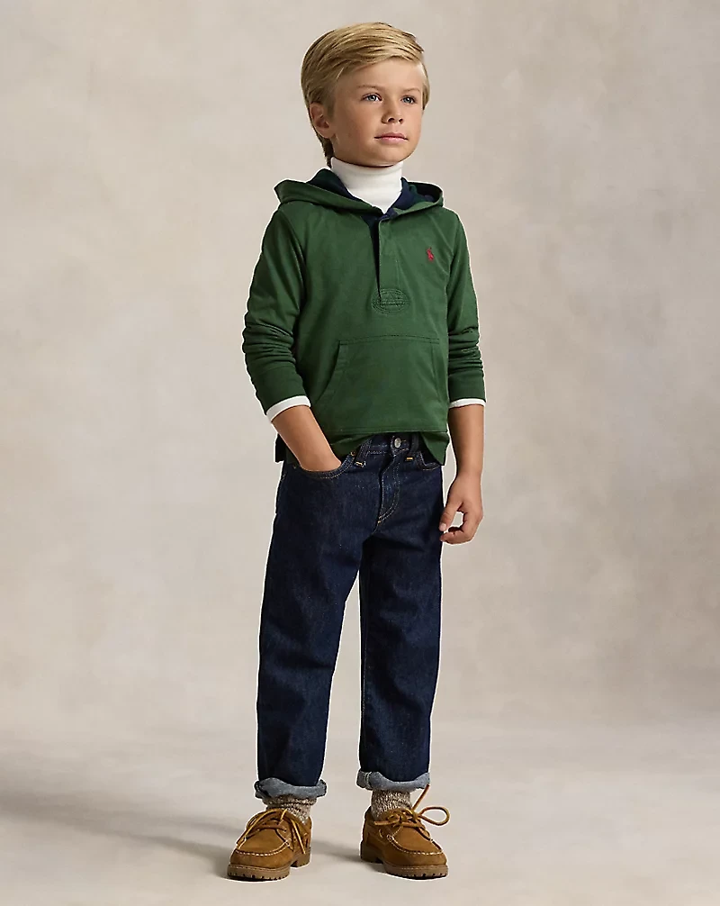 Plaid-Trim Hooded Rugby Shirt