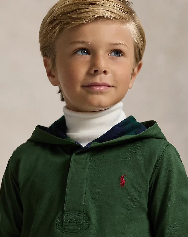 Plaid-Trim Hooded Rugby Shirt