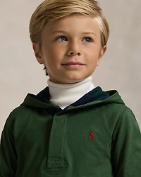 Plaid-Trim Hooded Rugby Shirt