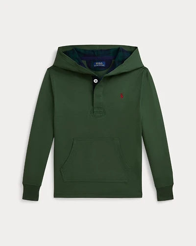 Plaid-Trim Hooded Rugby Shirt