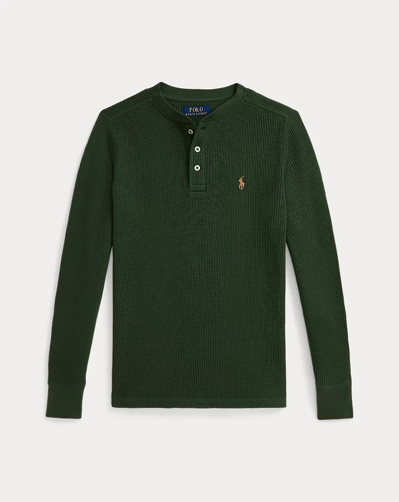 Waffle-Knit Cotton Henley Shirt
