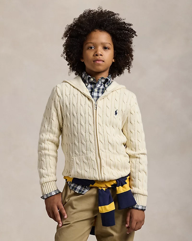 Cable Cotton Hooded Full-Zip Sweater
