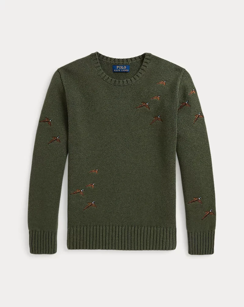 Pheasant-Embroidered Cotton-Wool Sweater