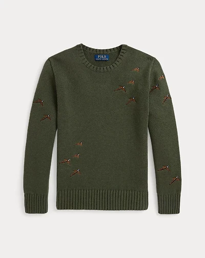 Pheasant-Embroidered Cotton-Wool Sweater