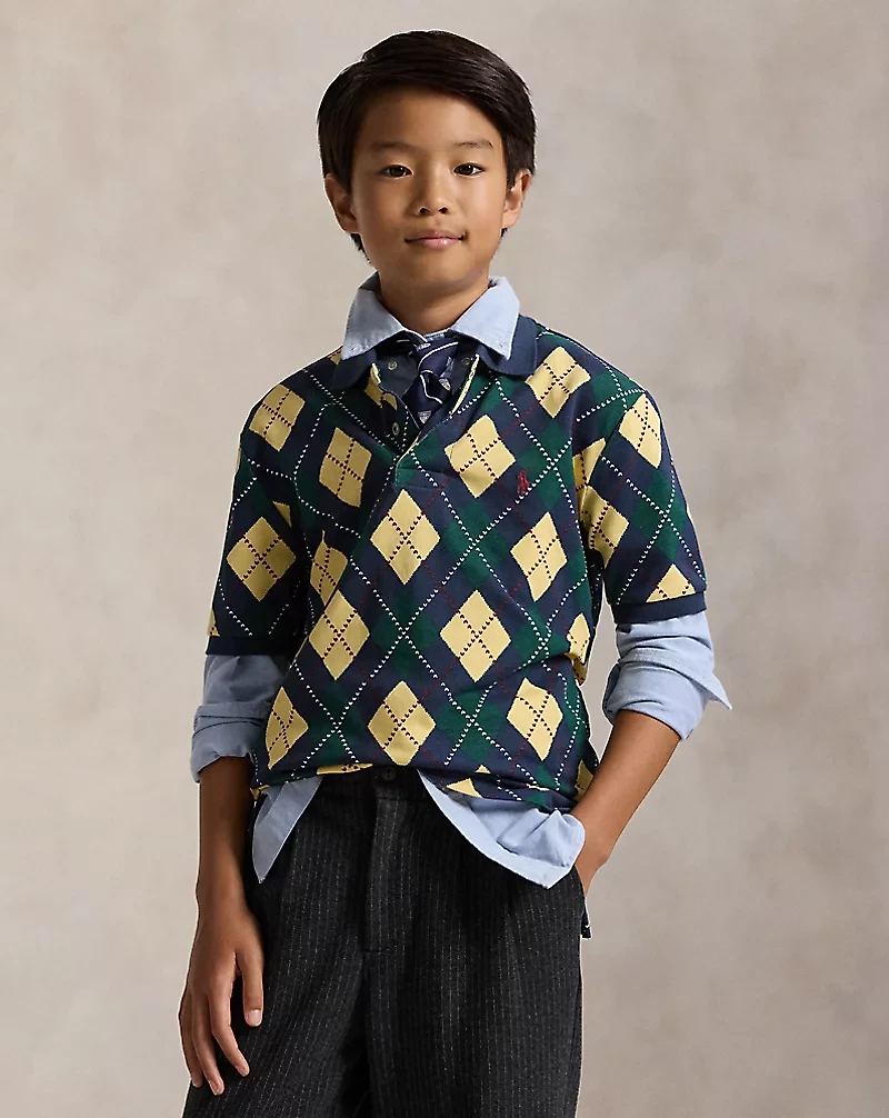 Argyle-Print Cotton Mesh Polo Shirt