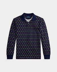 Crest-Print Mesh Long-Sleeve Polo Shirt